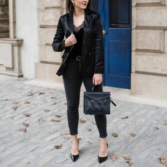 Black Genuine Lamb Leather One-Button Classic Blazer - Picture 3 of 12